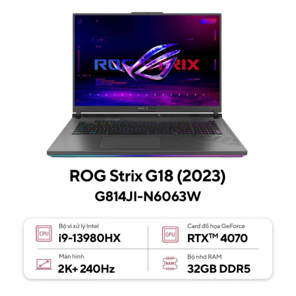 Laptop Asus ROG Strix G18 G814JI-N6063W i9-13980HX / 32GB / 1TB / RTX 4070 8GB / 18 inch QHD+ / Win 11 / Xám
