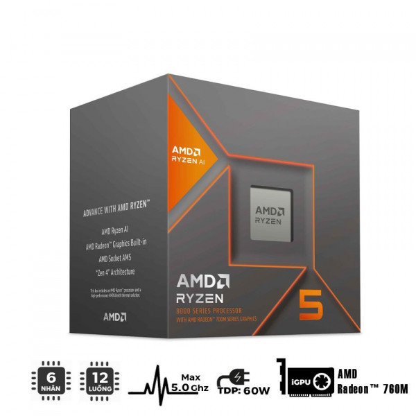 CPU AMD Ryzen 5 8600G 4.3 GHz (5.0 GHz Max Boost)/ 22MB Cache/ 6 Nhân/ 12 Luồng