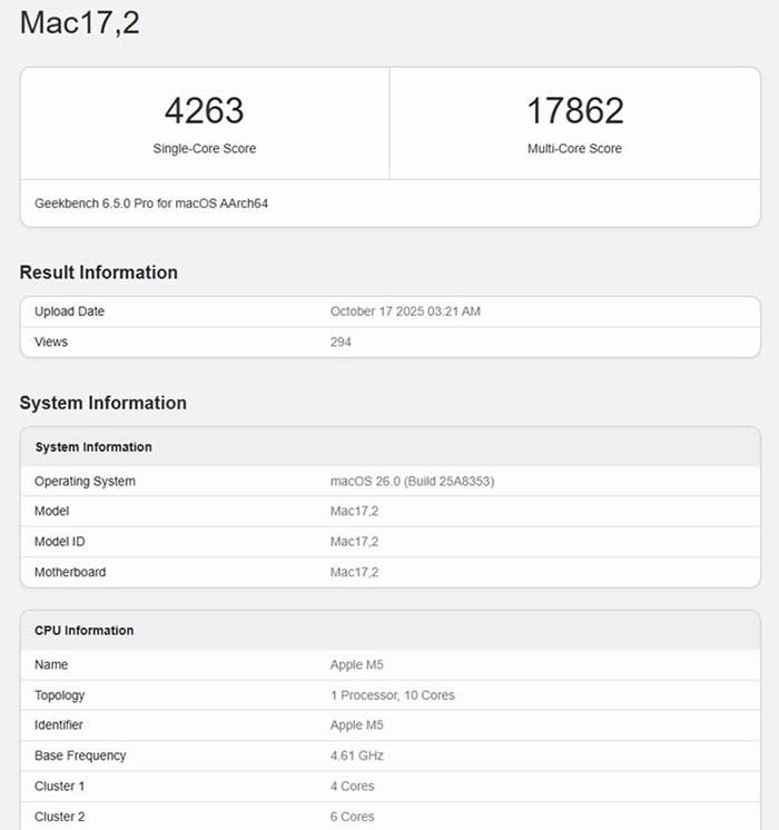 TNC Store Geekbench Apple M5 điểm 17.862 đa lõi