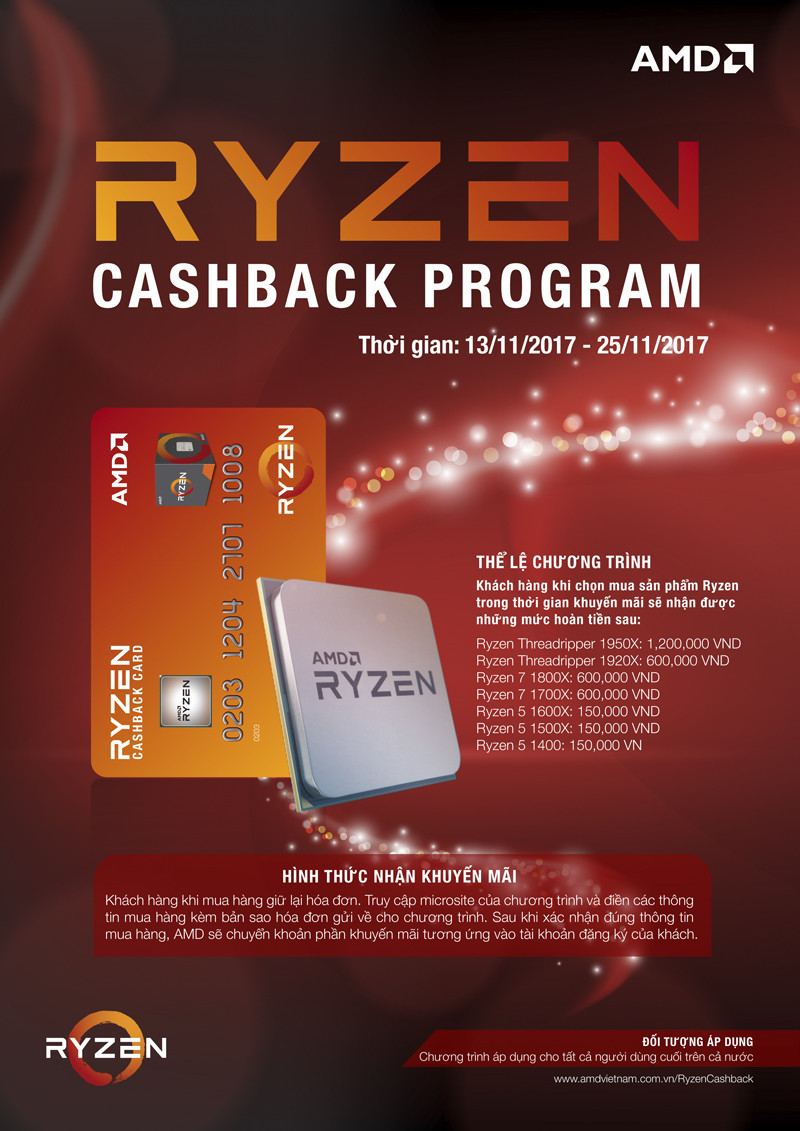 AMD RYZEN CASHBACK - Chương trình khuyến mại siêu khủng từ AMD khi mua mua PC kèm CPU AMD Ryzen