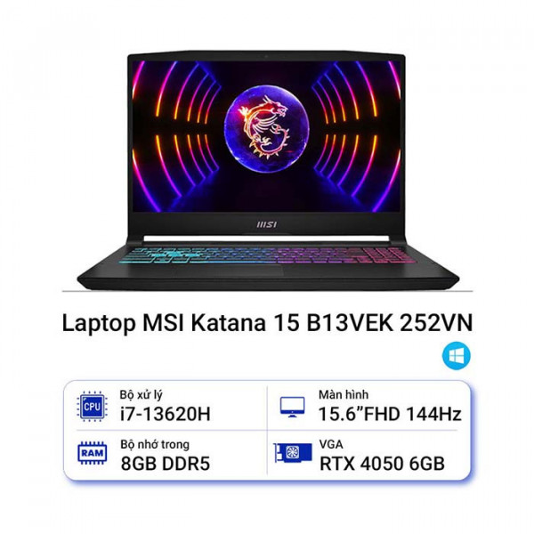 Laptop Gaming MSI Katana 15 B13VEK-252VN Raptor Lake i7-13620H/ 8GB/ 512GB SSD/ RTX 4050 6GB/ 15.6 Inch FHD 144Hz/ Win 11
