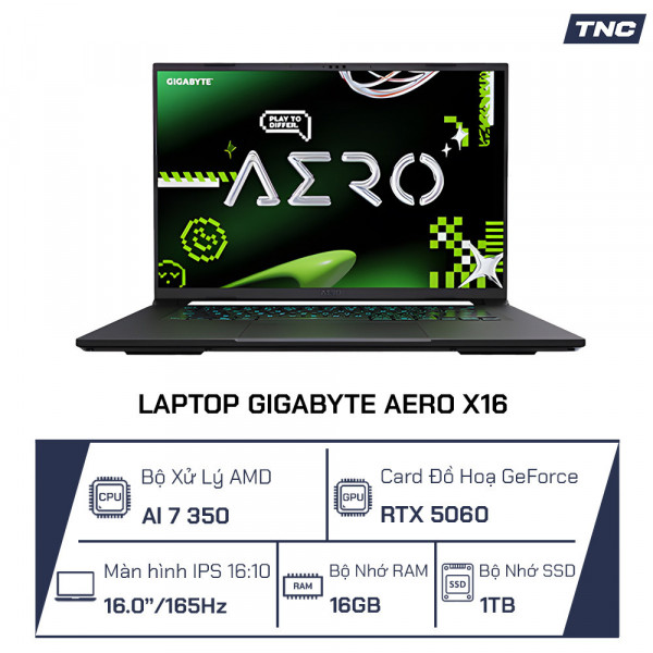 Laptop Gigabyte Aero X16 1VH93VNC64AH Copilot+ PC/ Ryzen AI 7 350/ 1TB/ 16GB/ WQXGA/ 165Hz/ RTX 5060/ Space Gray