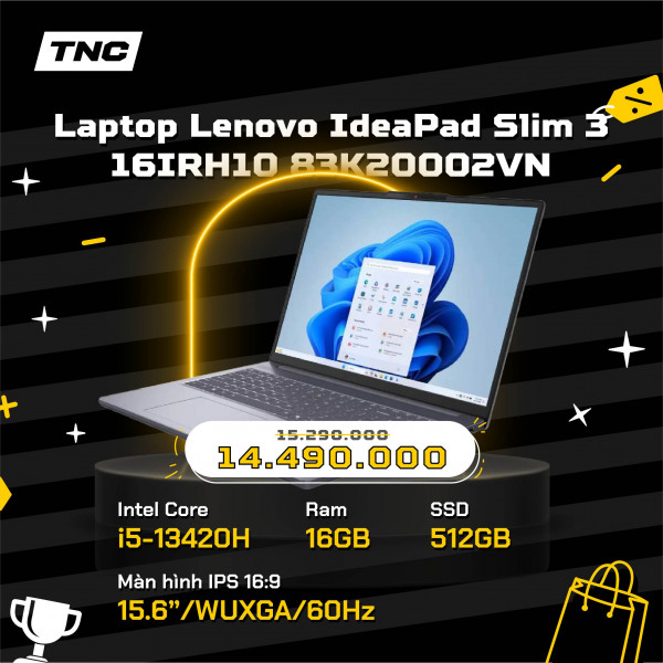 Laptop Lenovo IdeaPad Slim 3 16IRH10 83K20002VN Core i5-13420H/ 16GB/ 512GB/ 16 Inch/ Xám