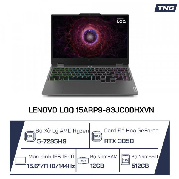 Laptop Lenovo LOQ 15ARP9-83JC00HXVN Ryzen 5-7235HS/ 12GB/ 512GB/  RTX3050 6G/ 15.6 inch FHD 144Hz/ Win 11/ Xám