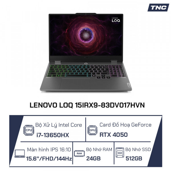 Laptop Lenovo LOQ 15IRX9-83DV017HVN Core i7-13650HX/ 24GB/ 512GB/ RTX 4050 6GB/ 15.6 inch FHD 144Hz/ Win 11/ Xám