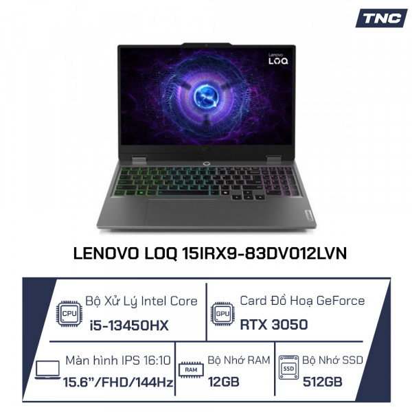Laptop Lenovo LOQ 15IRX9-83DV012LVN Core i5-13450HX/ 12GB/ 512GB/ RTX3050 6GB/ 15.6 inch/ 144Hz/ Win 11/ Xám