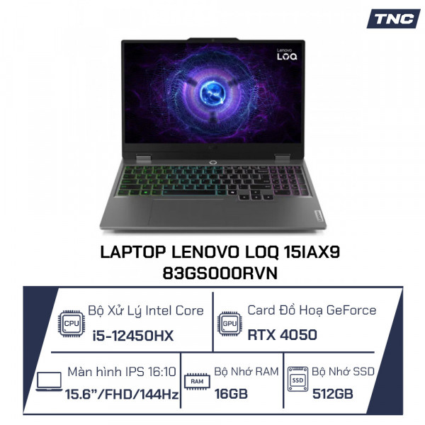 Laptop Lenovo LOQ 15IAX9 83GS000RVN i5-12450HX/ 16GB/ 512GB/ RTX 4050 6GB/ 15.6 inch FHD/ Win 11/ Xám