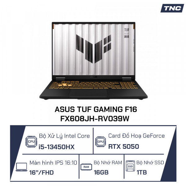 Laptop Asus TUF Gaming F16 FX608JH-RV039W i5-13450HX/ 16GB/ 1TB/ 16 inch WUXGA 165Hz/ RTX5050 8GB/ WiFi6E/ Win 11/ Xám