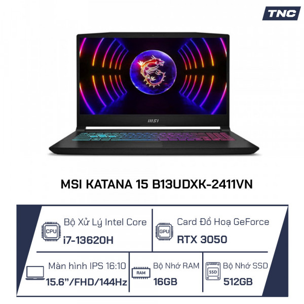 Laptop MSI Katana 15 B13UDXK-2411VN Intel Core i7-13620H/ 16GB/ 512GB/ RTX 3050 6G/ 15.6 inch FHD 144Hz/ Win 11/ Đen 