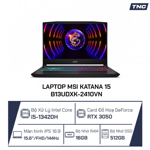 Laptop MSI Katana 15 B13UDXK-2410VN Core i5-13420H/ 16GB/ 512GB/ RTX 3050/ 15.6 Inch FHD/ Win 11/ Đen