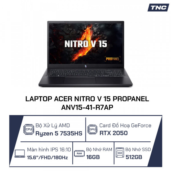 Laptop Acer Nitro V 15 ProPanel ANV15-41-R7AP Ryzen 5-7535HS/ 16GB/ 512GB/ RTX 2050/ 15.6 Inch FHD/ Win 11/ Đen