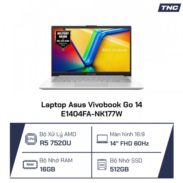 Laptop Asus Vivobook Go 14 E1404FA-NK177W Ryzen 5 7520U/ 16GB/ 512GB/ 14 inch FHD/ Win11/ Silver
