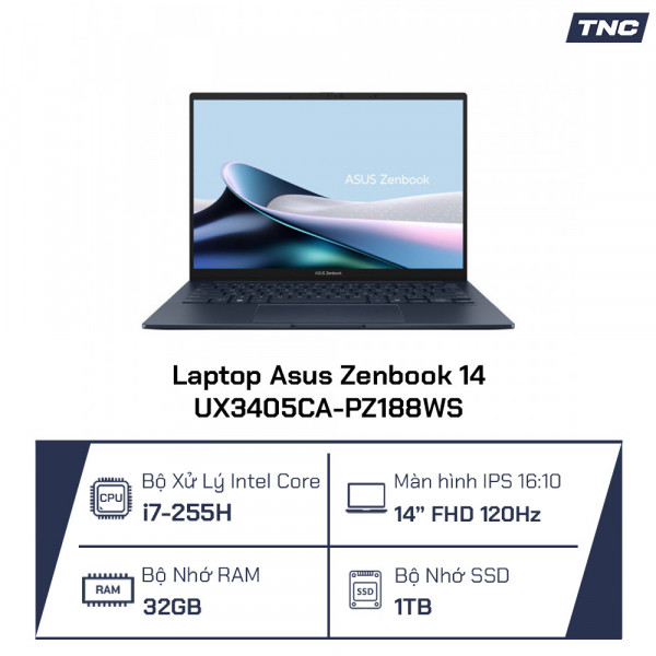 Laptop Asus Zenbook 14 UX3405CA-PZ188WS Core Ultra 7-255H/ 32GB/ 1TB/ 14 Inch OLED/ Win 11/ Xanh