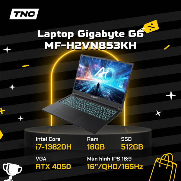 Laptop Gigabyte G6 MF-H2VN853KH Core i7-13620H/ 16GB/ 512GB/ RTX 4050/ 16.0 Inch FHD/ Win 11/ Đen