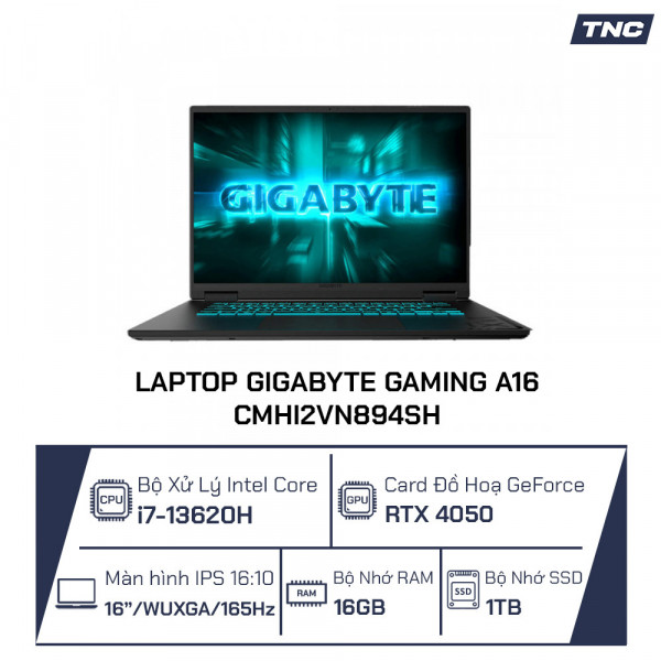 Laptop Gigabyte Gaming A16 CMHI2VN894SH Core i7-13620H/ 16GB/ 1TB/ RTX 4050/ 16 Inch FHD+/ Win 11/ Đen 
