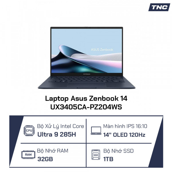 Laptop Asus Zenbook 14 UX3405CA-PZ204WS Core Ultra 9-285H/ 32GB/ 1TB SSD/ 14 Inch OLED/ Win 11/ Xanh