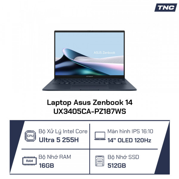 Laptop Asus Zenbook 14 UX3405CA-PZ187WS Core Ultra 5-225H/ 16GB/ 512GB SSD/ 14.0 Inch 3K OLED/ Win 11/ Xanh