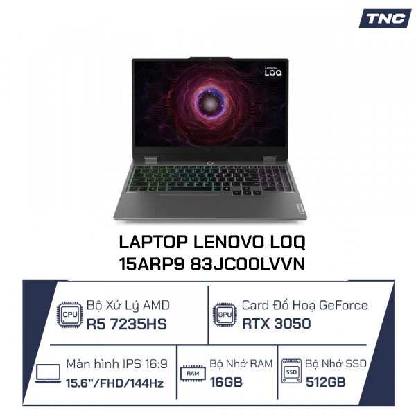 Laptop Lenovo LOQ 15ARP9 83JC00LVVN Ryzen 5-7235HS/ 16GB/ 512GB SSD/ 15.6 Inch FHD/ RTX 3050/ Win 11/ Xám 