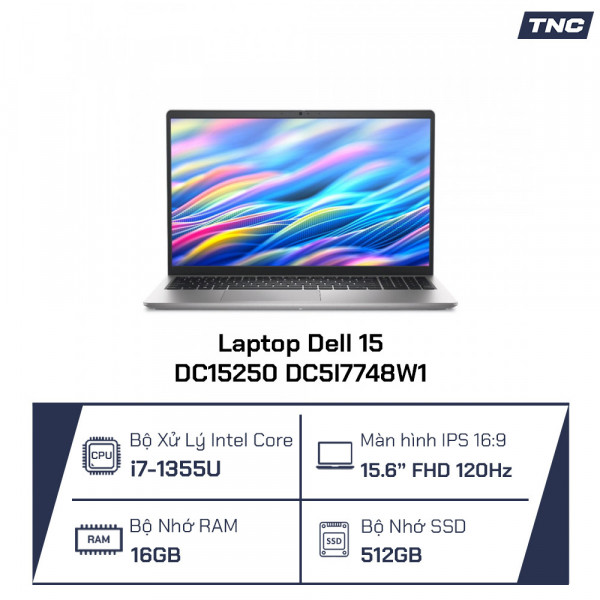 Laptop Dell 15 DC15250 DC5I7748W1 Core i7-1355U/ 16GB/ 512GB SSD/ 15.6 Inch FHD/ 120Hz/ Win 11/ Silver