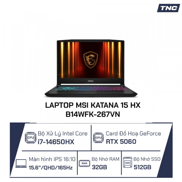 Laptop MSI Katana 15 HX B14WFK-267VN Core i7-14650HX/ 32GB/ 512GB SSD/ 15.6 Inch QHD/ RTX 5060/ Win 11/ Đen