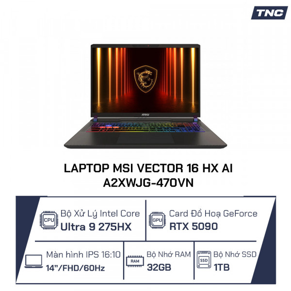 Laptop MSI Vector 16 HX AI A2XWJG-470VN Core Ultra 9-275HX/ 32GB/ 1TB SSD/ 16.0 Inch QHD/ RTX 5090/ Win 11/ Xám/ BALO
