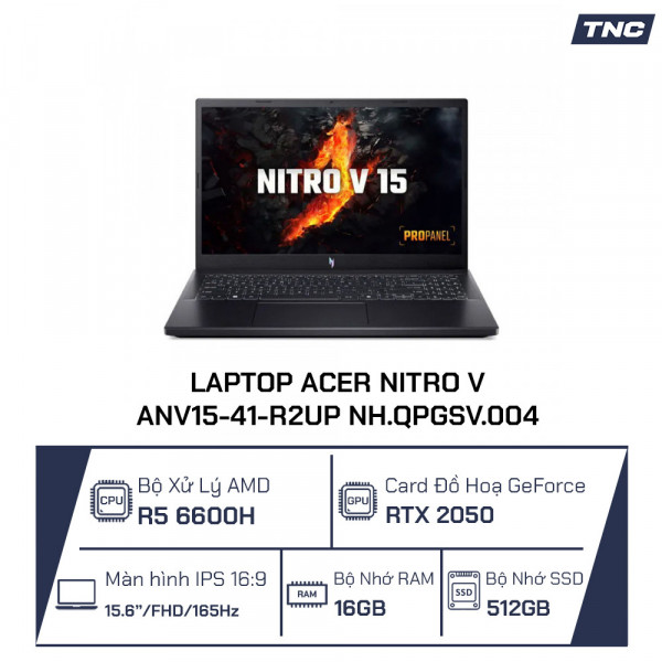 Laptop Acer Nitro V ANV15-41-R2UP NH.QPGSV.004 Ryzen 5 6600H/ 16GB/ 512GB/ RTX 2050/ 15.6 Inch FHD 165Hz/ Win 11/ Đen