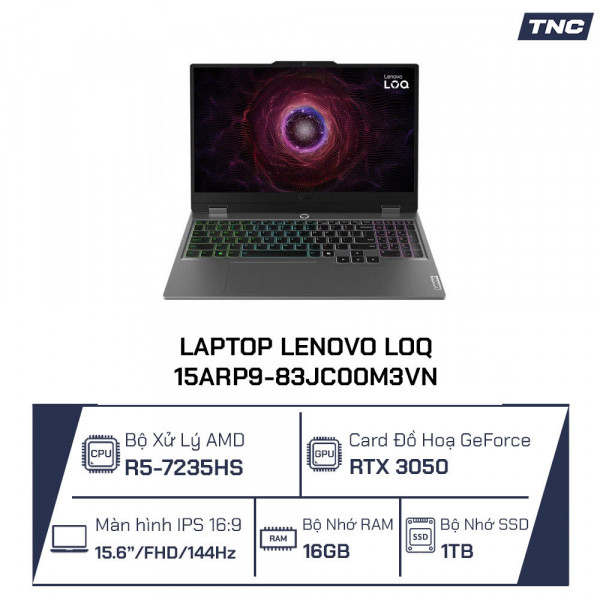 Laptop Lenovo LOQ 15ARP9-83JC00M3VN Ryzen 5-7235HS/ 16GB/ 1TB SSD/ RTX 3050/ 15.6 Inch FHD/ Win 11/ Xám