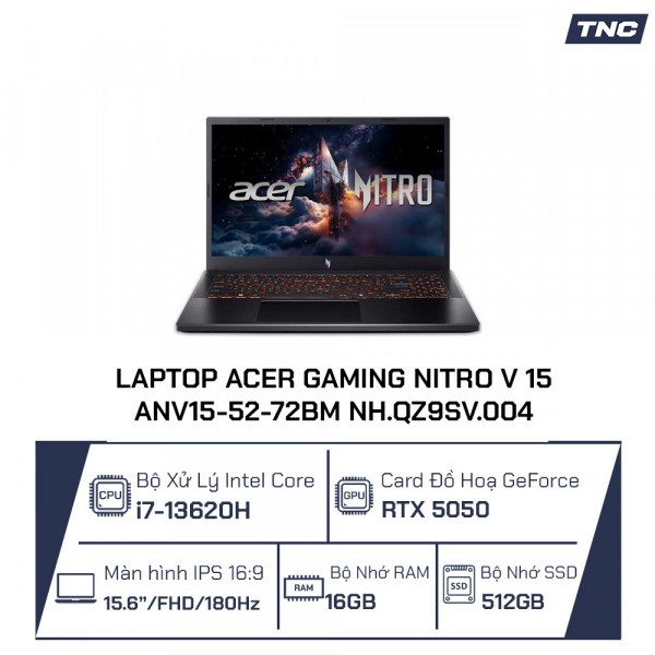 Laptop Acer Gaming Nitro V 15 ProPanel ANV15-52-72BM NH.QZ9SV.004 Core i7-13620H/ 16GB/ 512GB SSD/ RTX 5050/ 15.6 Inch FHD/ Win 11/ Đen