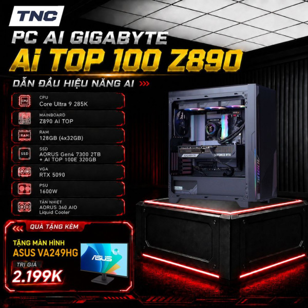PC AI Gigabyte AI TOP 100 Z890 (AT1I9N9-0005) Core Ultra 9 285K/ 128GB/ 320GB SSD1-AI/ 2TB SSD2/ RTX 5090/ Non-OS/ Đen