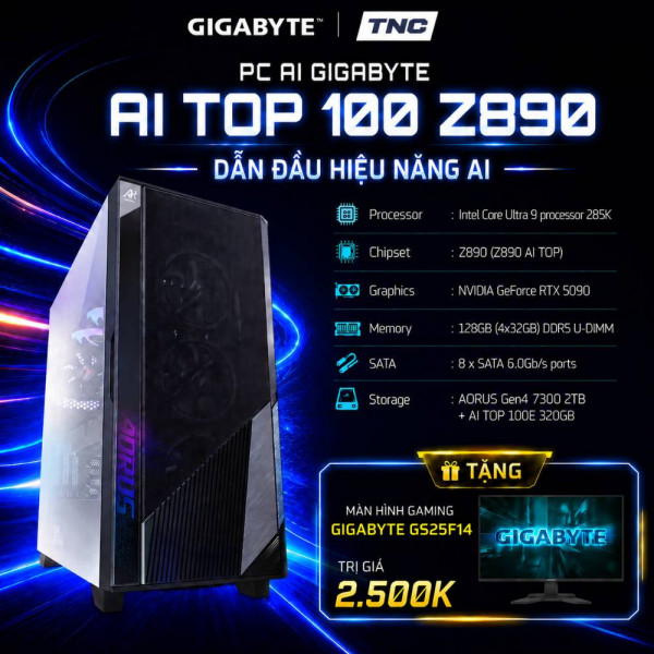 PC AI Gigabyte AI TOP 100 Z890 (AT1I9N9-0005) Core Ultra 9 285K/ 128GB/ 320GB SSD1-AI/ 2TB SSD2/ RTX 5090/ Non-OS/ Đen