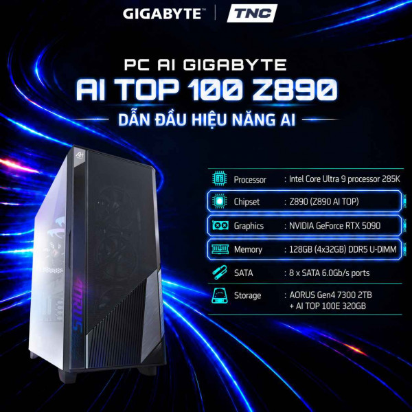 PC AI Gigabyte AI TOP 100 Z890 (AT1I9N9-0005) Core Ultra 9 285K/ 128GB/ 320GB SSD1-AI/ 2TB SSD2/ RTX 5090/ Non-OS/ Đen