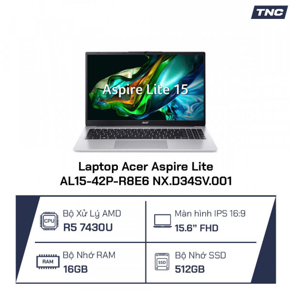 Laptop Acer Aspire Lite AL15-42P-R8E6 NX.D34SV.001 Ryzen 5-7430U/ 16GB/ 512GB SSD/ 15.6 Inch FHD/ Win 11/ Light Silver