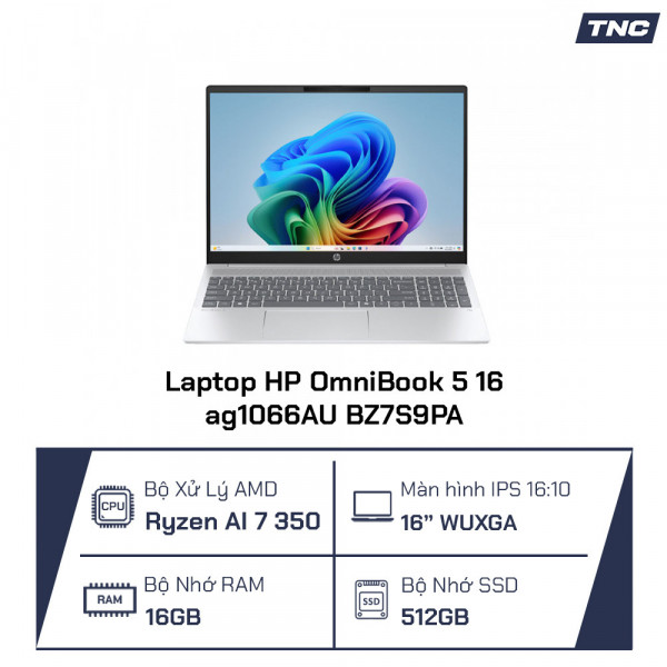 Laptop HP OmniBook 5 16-ag1066AU BZ7S9PA Ryzen Al 7 350/ 16GB/ 512GB SSD/ 16 Inch WUXGA/ Win 11/ Glacier Silver
