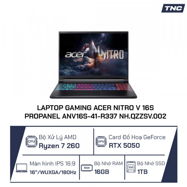 Laptop Gaming Acer Nitro V 16S ProPanel ANV16S-41-R337 NH.QZZSV.002 Ryzen 7 260/ 16GB/ 1TB SSD/ RTX 5050/ 16 Inch FHD+/ Win 11/ Đen