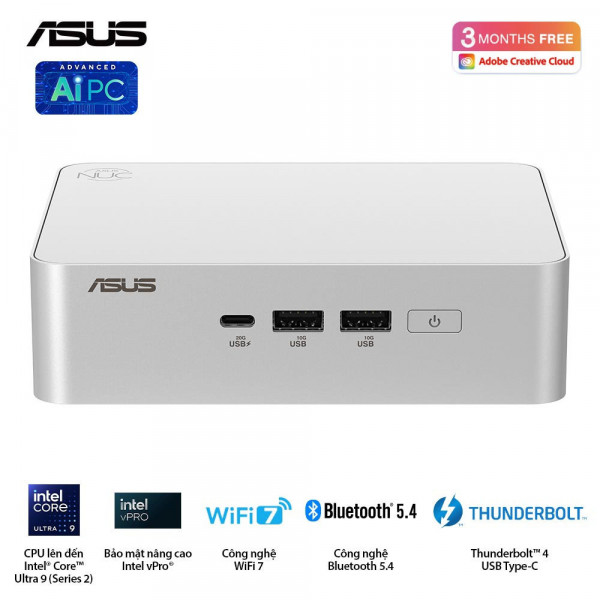 Mini PC Asus NUC 15 PRO NUC15CRSU7/ Core Ultra 7 - 255H/ 2x DDR5 - 6400/ 2x NVMe, SATA/ 2x HDMI 2.1/ 2x Thunderbolt/ VESA MOUNT/ White
