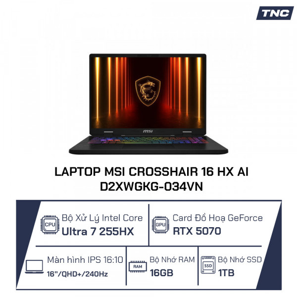 Laptop MSI Crosshair 16 HX AI D2XWGKG-034VN Core Ultra 7-255HX/ 16GB/ 1TB/ RTX 5070/ 16 Inch QHD+ 240Hz/ Win 11/ Xám