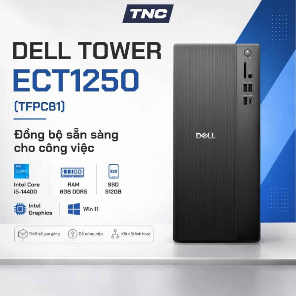 Máy Tính Để Bàn Dell Tower ECT1250 (TFPC81) Màu Đen | Intel Core i5-14400 | RAM 8GB DDR5 | 512GB SSD | Intel Graphics | K&M | BL | Win 11 SL