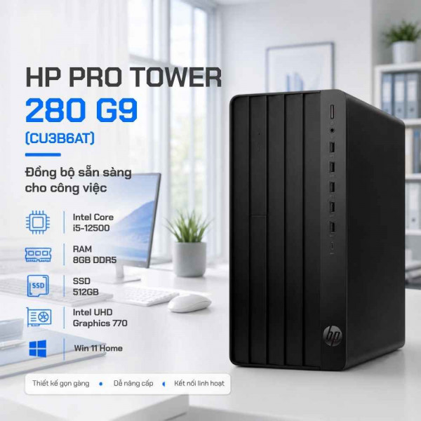 Máy Tính Để Bàn HP Pro Tower 280 G9 (CU3B6AT) Màu Đen | Core i5-12500 | 8GB RAM | 512GB SSD | Intel Graphics | Wlan ax+BT | USB Keyboard & Mouse | Win 11 Home 64