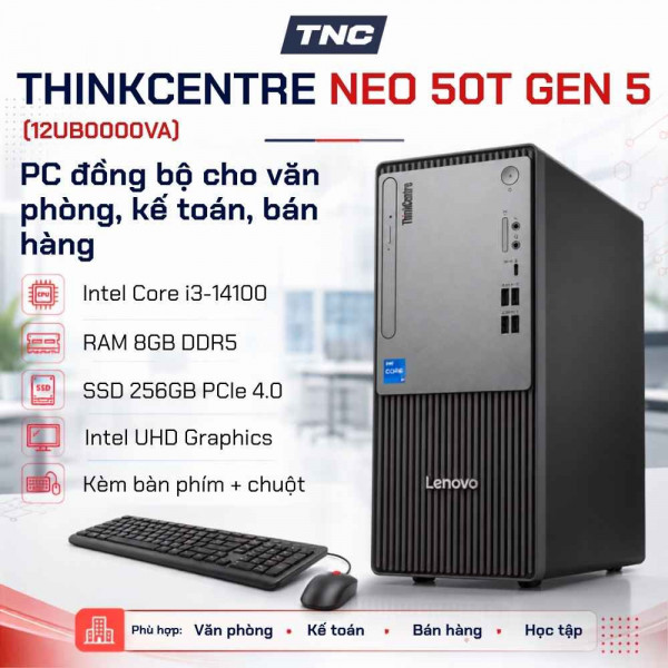 PC Lenovo ThinkCentre Neo 50T Gen 5 (12UB0000VA) Màu Đen | Intel Core i3-14100 | 8GB | 256GB | Intel UHD | NO OS | Bàn phím + Chuột