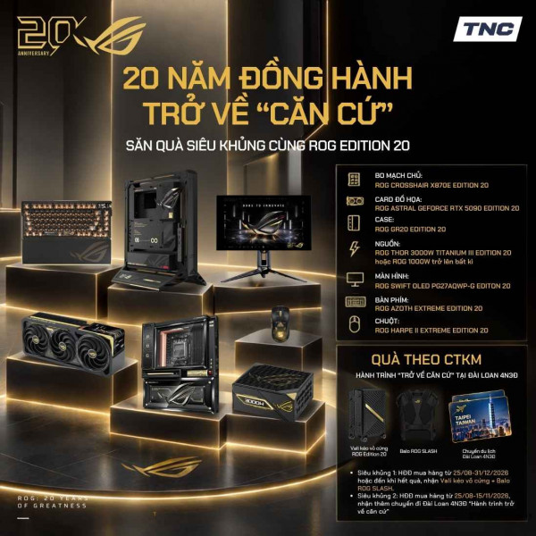 PC Gaming ASUS ROG Edition 20 - Phiên Bản Kỷ Niệm 20 Năm Ryzen 9 9950X3D/ Ram 64GB/ SSD 2TB/ RTX 5090 32GB