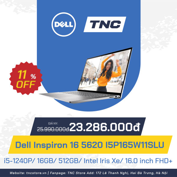 Laptop Dell Inspiron 16 5620 I5P165W11SLU i5-1240P/ 16GB/ 512GB/ Intel Iris Xe/ 16.0 inch FHD+/ Win 11